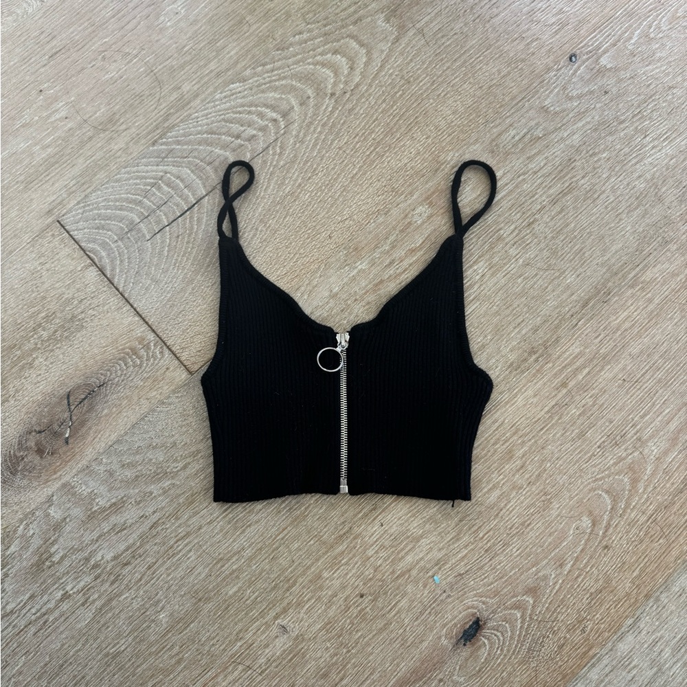For Love & Lemons - Black Ribbed Zipper Crop Top
